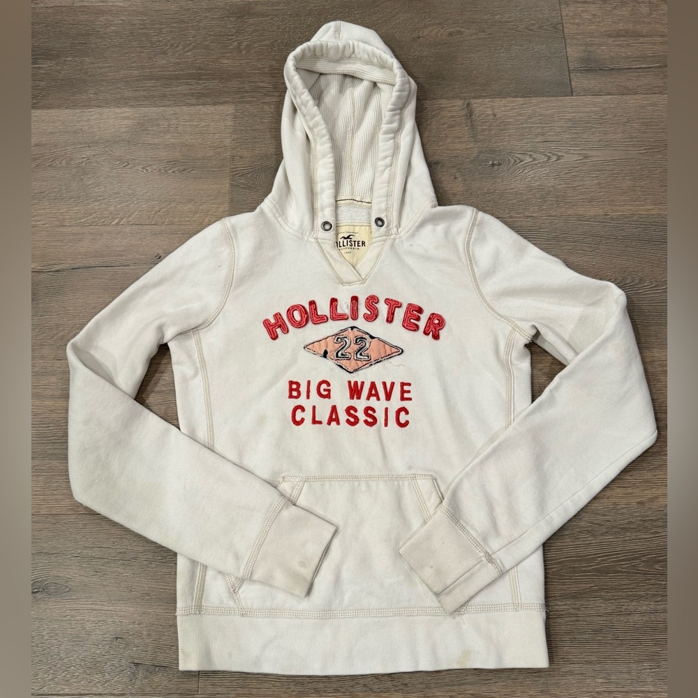 Hollister Y2K Vintage Pullover Embroidered Hoodie Big Wave Classic White Pink